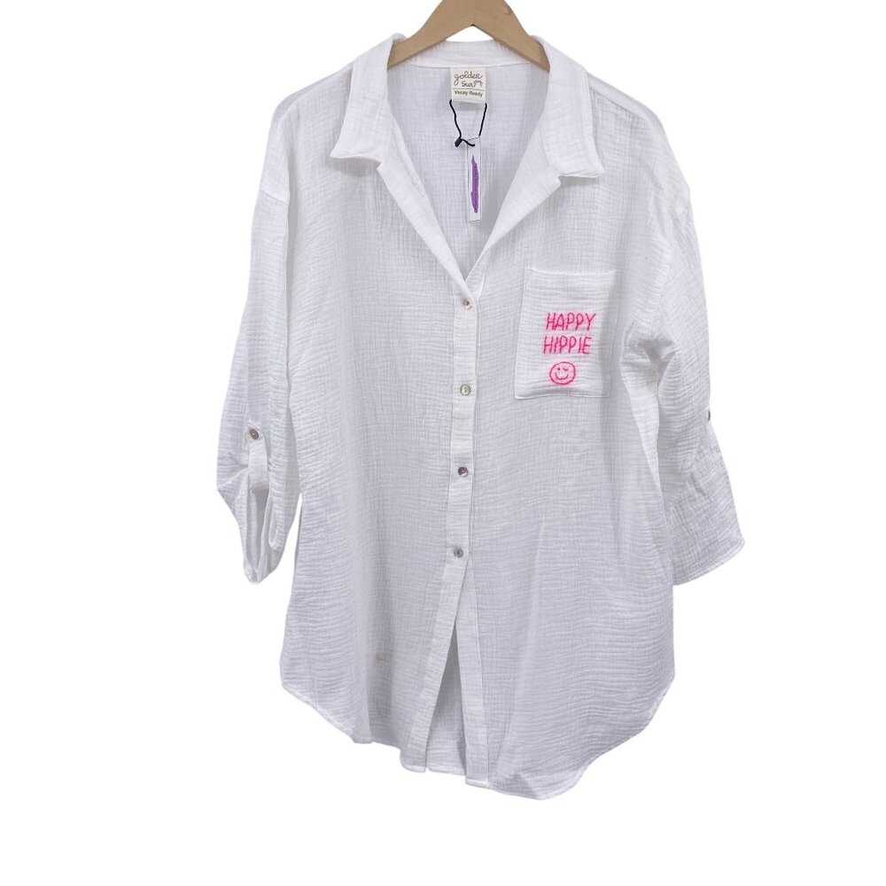 Golden Sun White Gauzy button front cover up shirt size M/LG NEW Cruise
